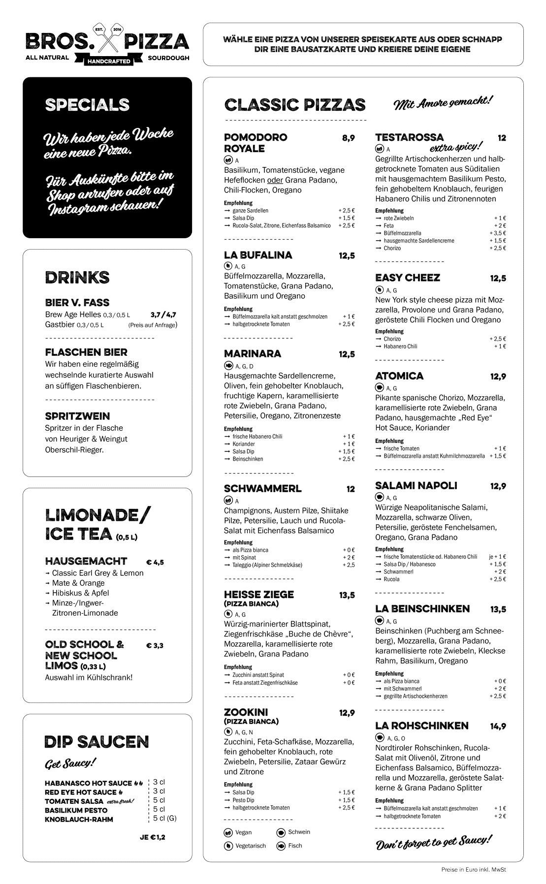 Speisekarte Pizzen - Wien Neubau